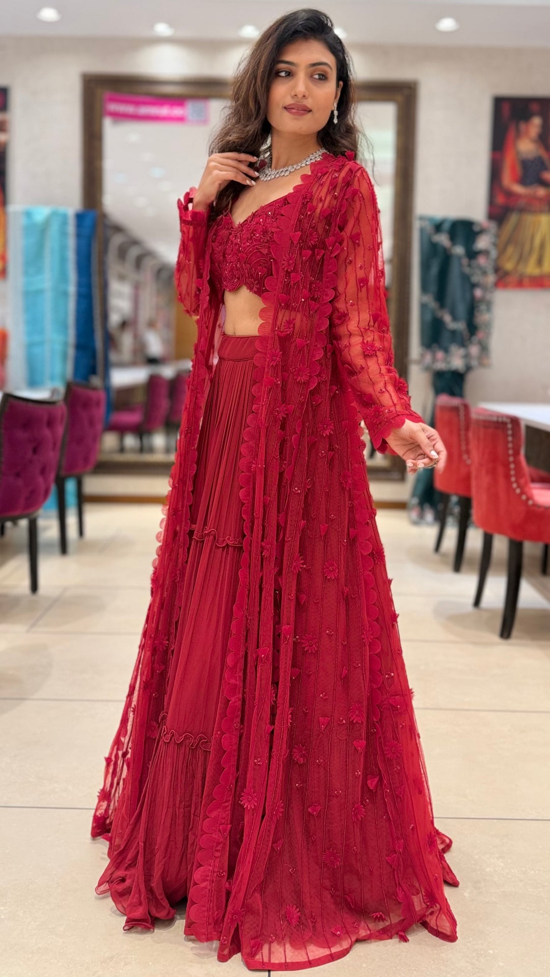 Ruby Red Embroidered Indo-Western Set with Sheer Jacket