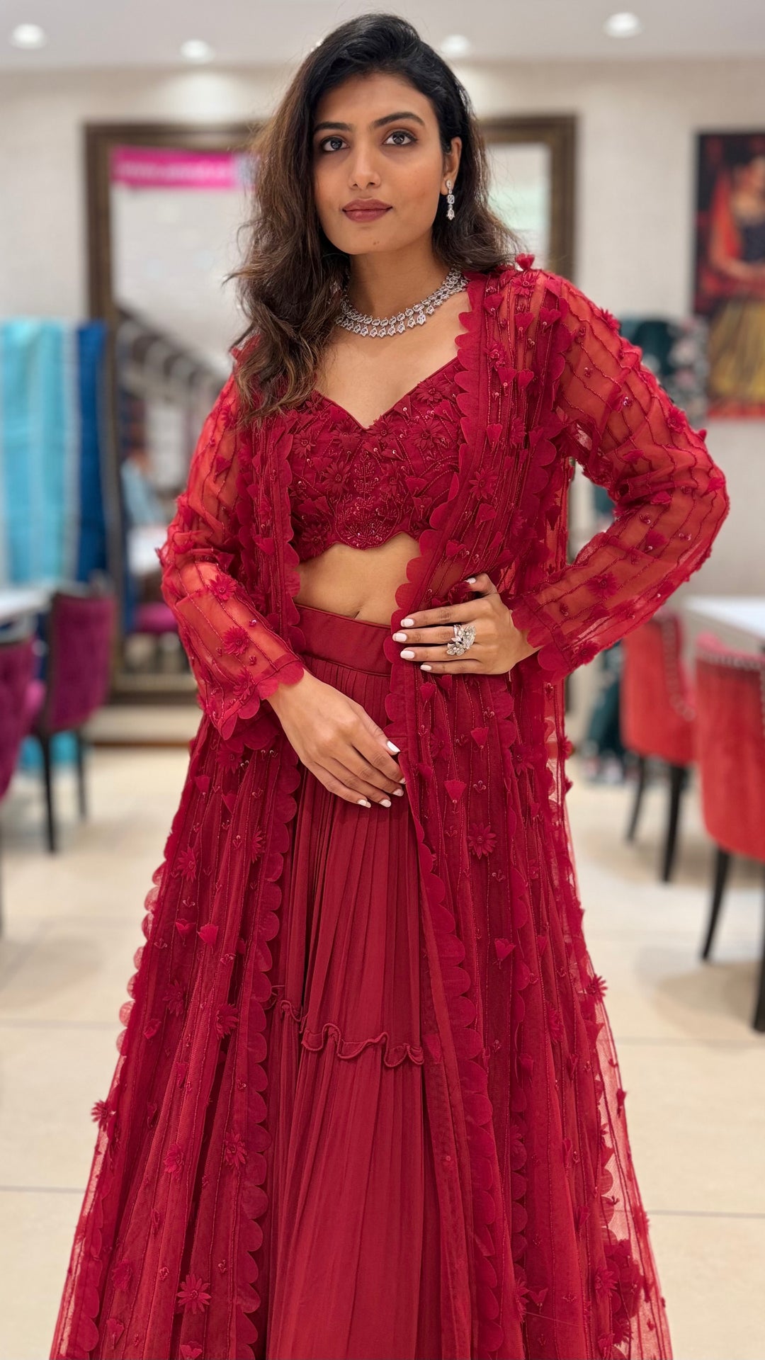 Ruby Red Embroidered Indo-Western Set with Sheer Jacket