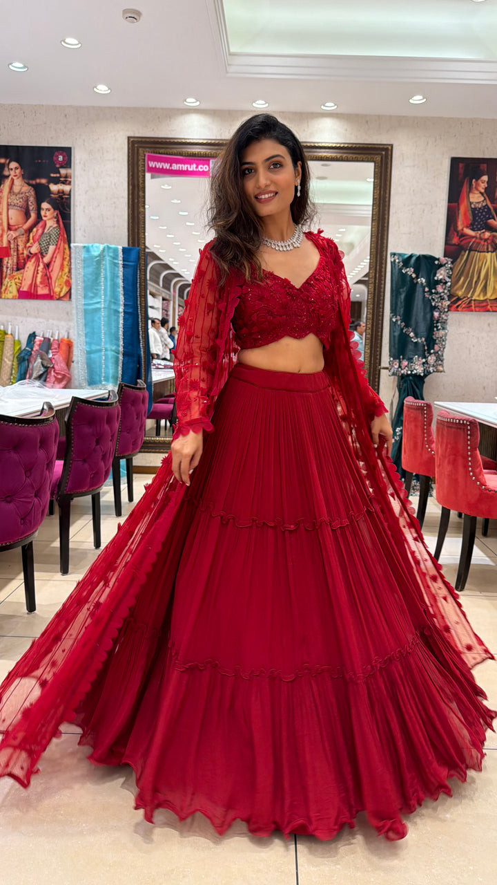 Ruby Red Embroidered Indo-Western Set with Sheer Jacket