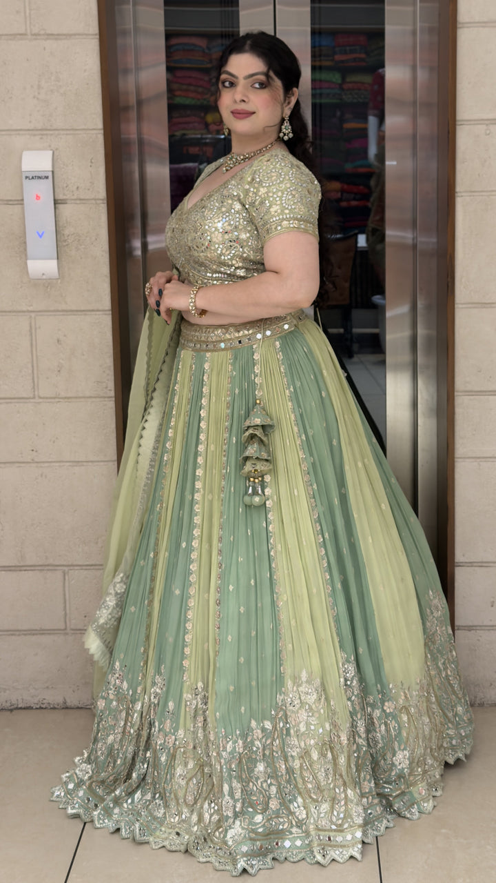Pastel Mint Green Designer Lehenga Choli with Mirror Embroidery & Soft Organza Dupatta