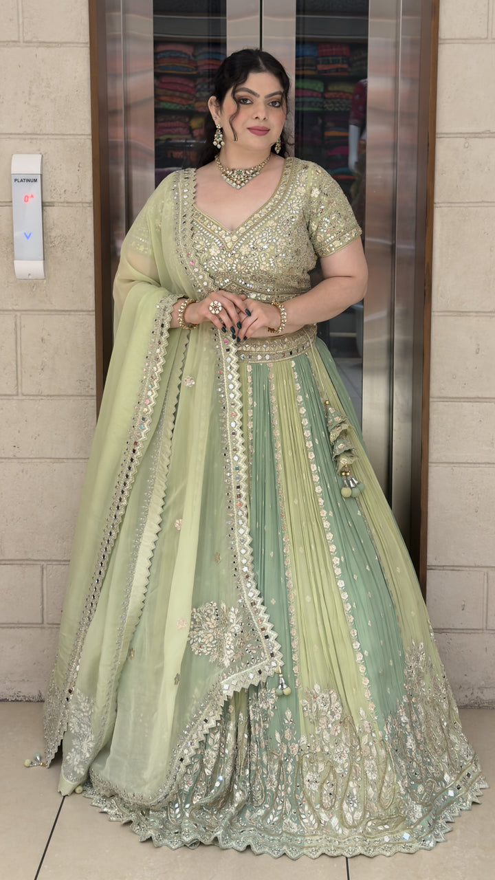 Pastel Mint Green Designer Lehenga Choli with Mirror Embroidery & Soft Organza Dupatta
