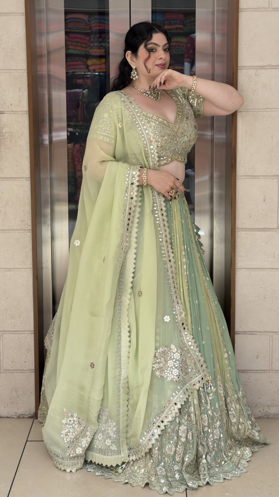 Pastel Mint Green Designer Lehenga Choli with Mirror Embroidery & Soft Organza Dupatta