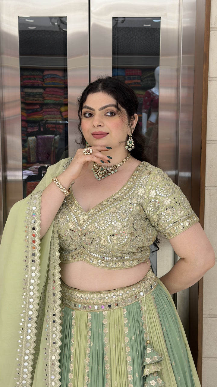 Pastel Mint Green Designer Lehenga Choli with Mirror Embroidery & Soft Organza Dupatta