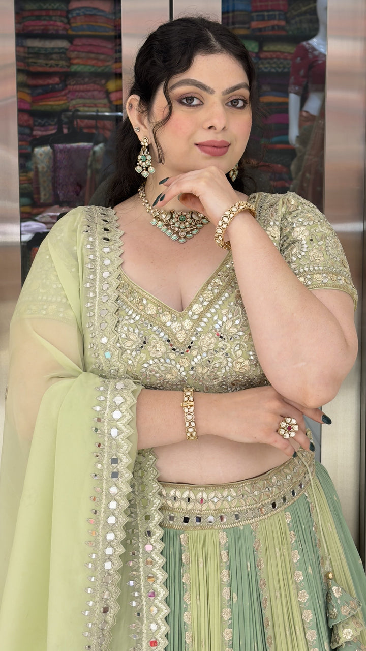 Pastel Mint Green Designer Lehenga Choli with Mirror Embroidery & Soft Organza Dupatta