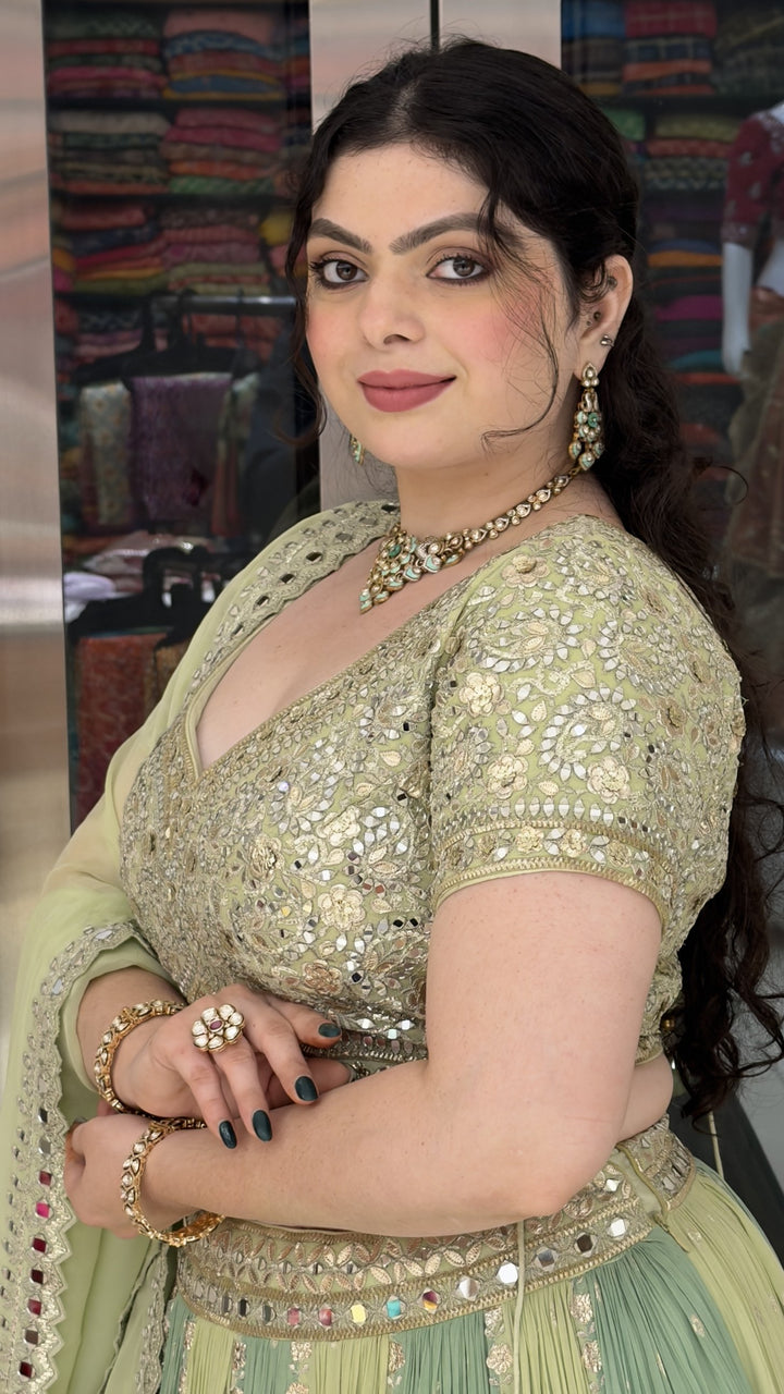 Pastel Mint Green Designer Lehenga Choli with Mirror Embroidery & Soft Organza Dupatta