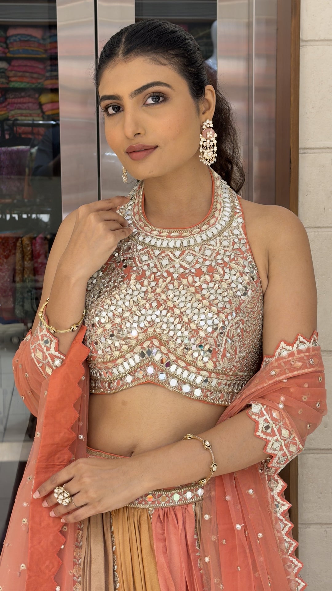 Peach & Mustard Ombre Designer Lehenga Choli with Mirror Work & Embroidered Net Dupatta