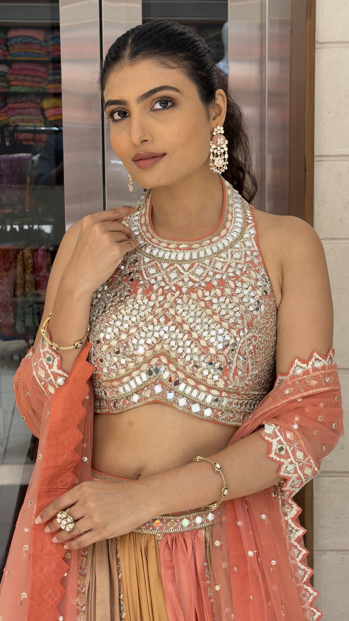 Peach & Mustard Ombre Designer Lehenga Choli with Mirror Work & Embroidered Net Dupatta