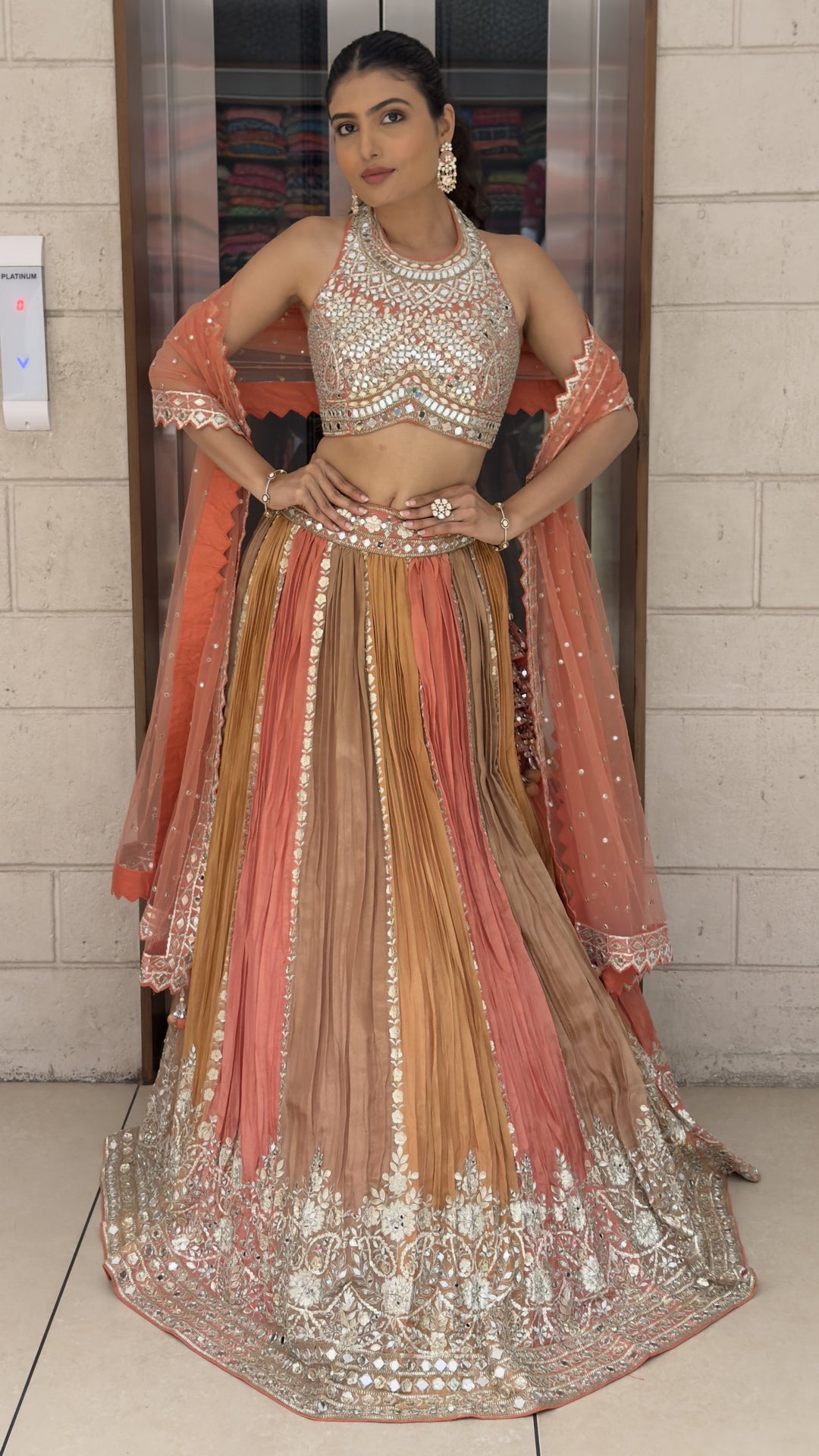 Peach & Mustard Ombre Designer Lehenga Choli with Mirror Work & Embroidered Net Dupatta