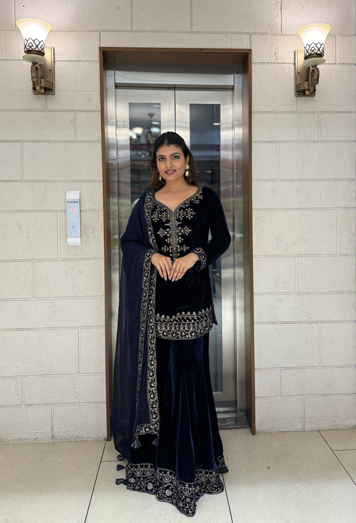 Navy Blue Velvet Embroidered Sharara Set with Dupatta