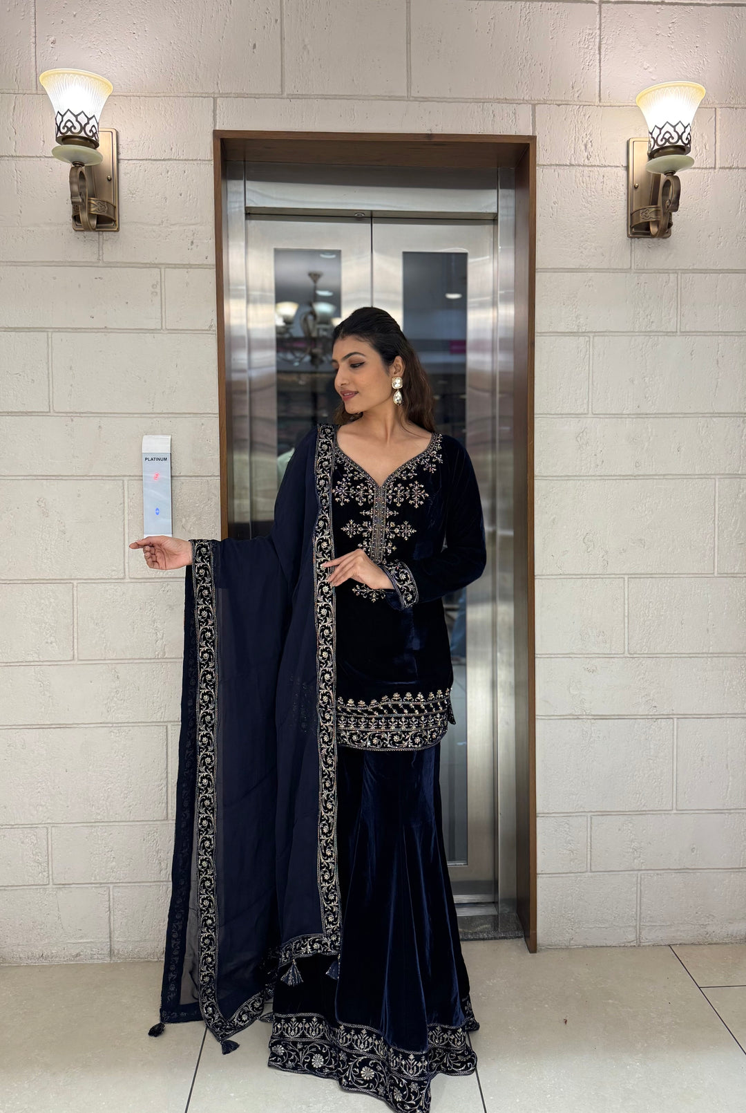 Navy Blue Velvet Embroidered Sharara Set with Dupatta
