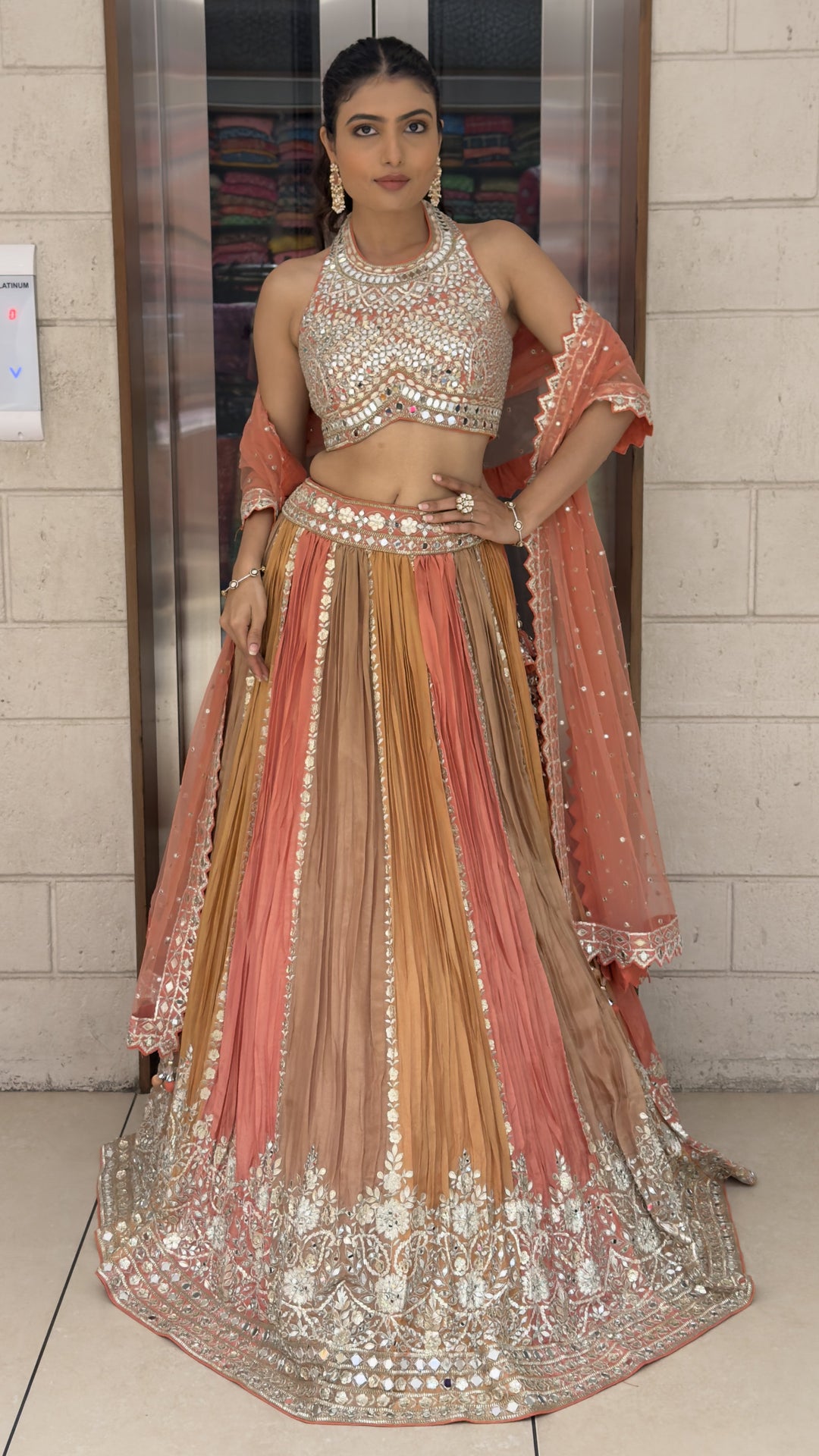 Peach & Mustard Ombre Designer Lehenga Choli with Mirror Work & Embroidered Net Dupatta