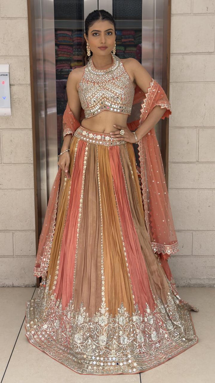 Peach & Mustard Ombre Designer Lehenga Choli with Mirror Work & Embroidered Net Dupatta