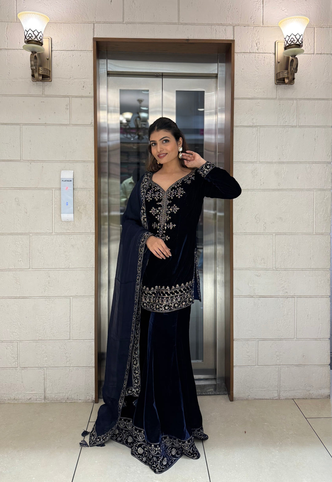 Navy Blue Velvet Embroidered Sharara Set with Dupatta