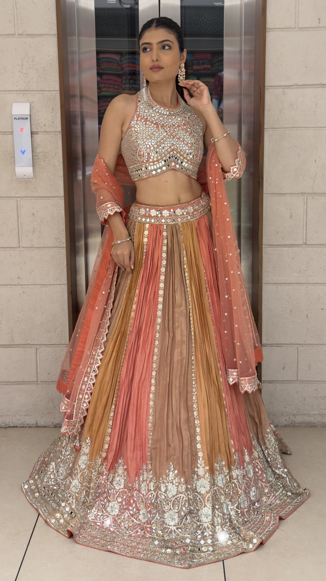 Peach & Mustard Ombre Designer Lehenga Choli with Mirror Work & Embroidered Net Dupatta