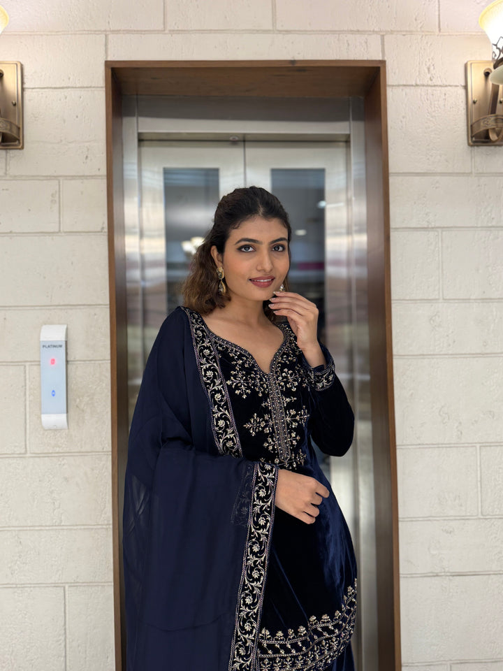 Navy Blue Velvet Embroidered Sharara Set with Dupatta