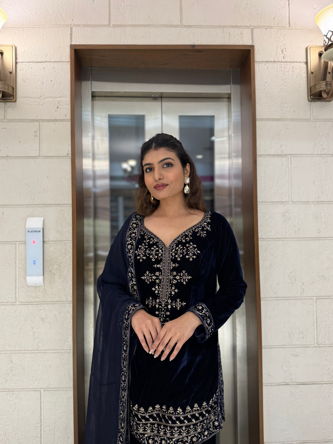 Navy Blue Velvet Embroidered Sharara Set with Dupatta