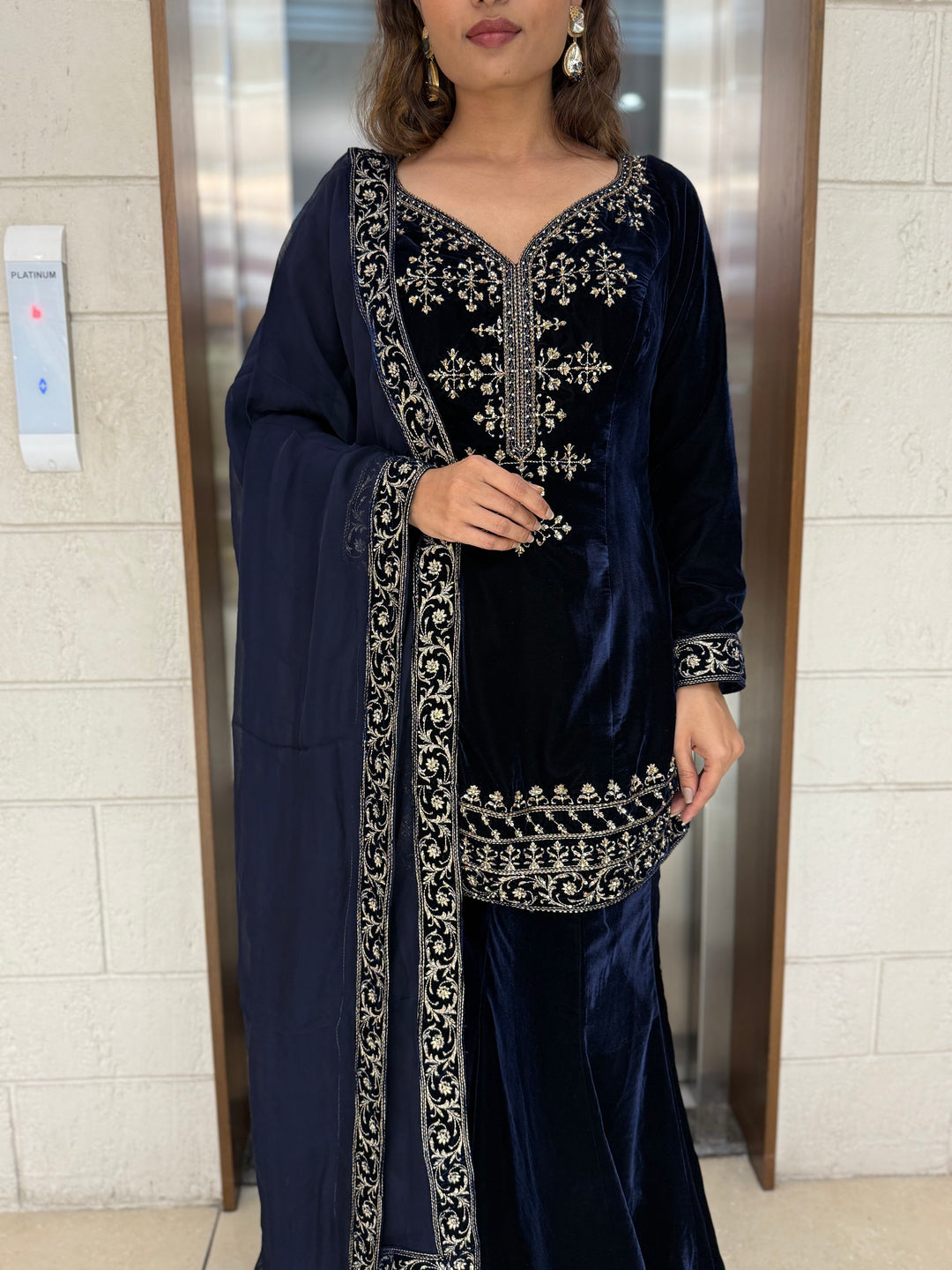 Navy Blue Velvet Embroidered Sharara Set with Dupatta