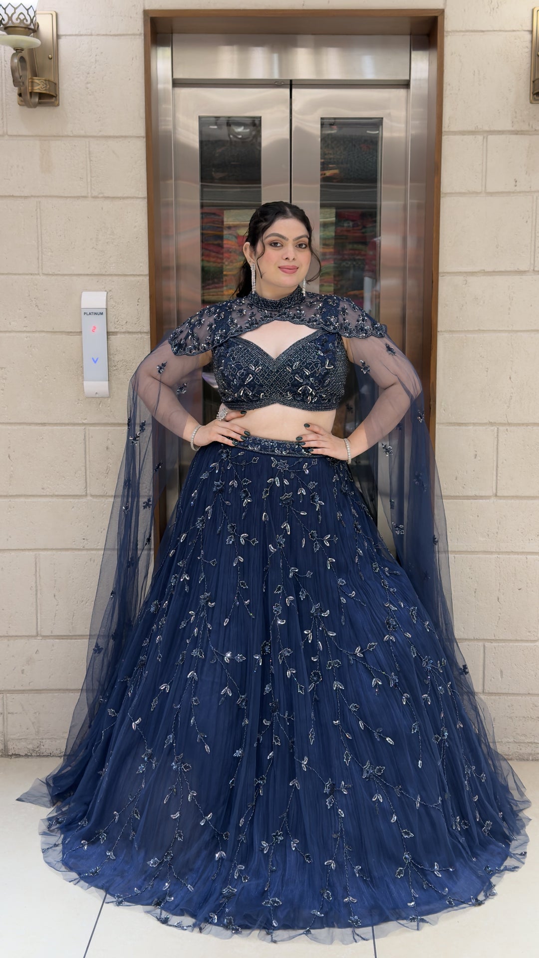 Midnight Navy Blue Designer Lehenga Choli with Embroidered Cape Sleeves