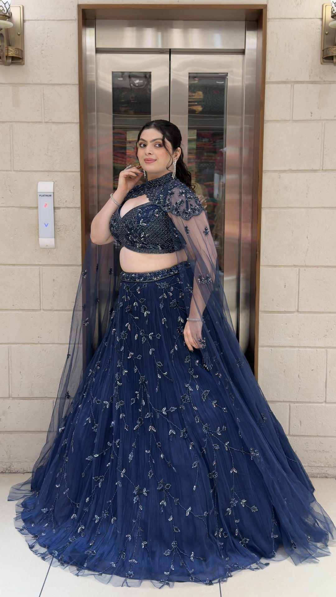 Midnight Navy Blue Designer Lehenga Choli with Embroidered Cape Sleeves