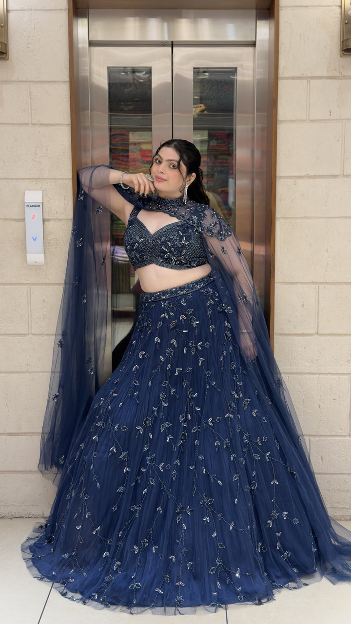 Midnight Navy Blue Designer Lehenga Choli with Embroidered Cape Sleeves