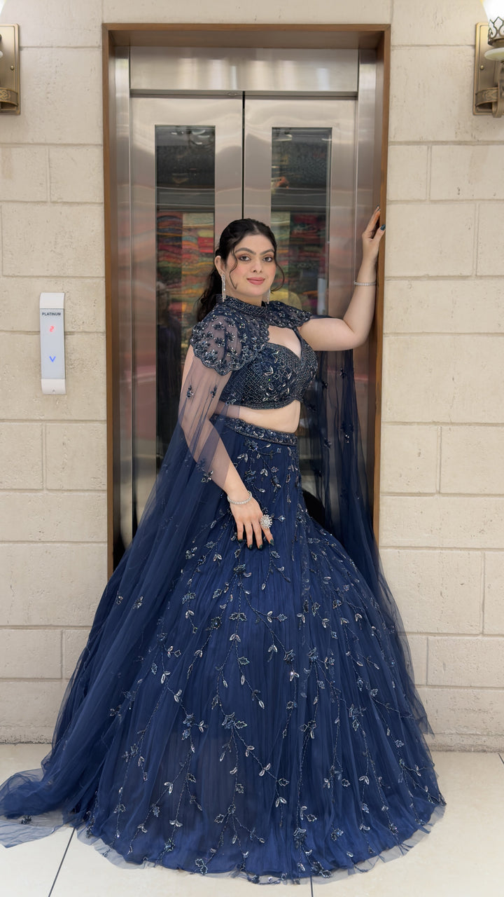Midnight Navy Blue Designer Lehenga Choli with Embroidered Cape Sleeves
