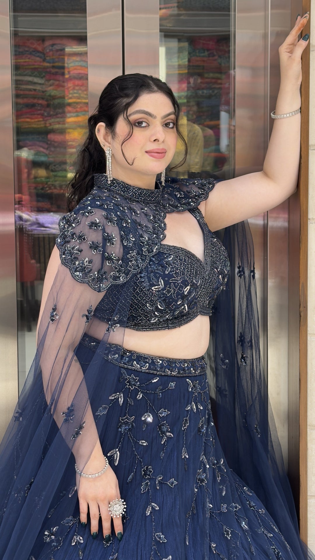 Midnight Navy Blue Designer Lehenga Choli with Embroidered Cape Sleeves
