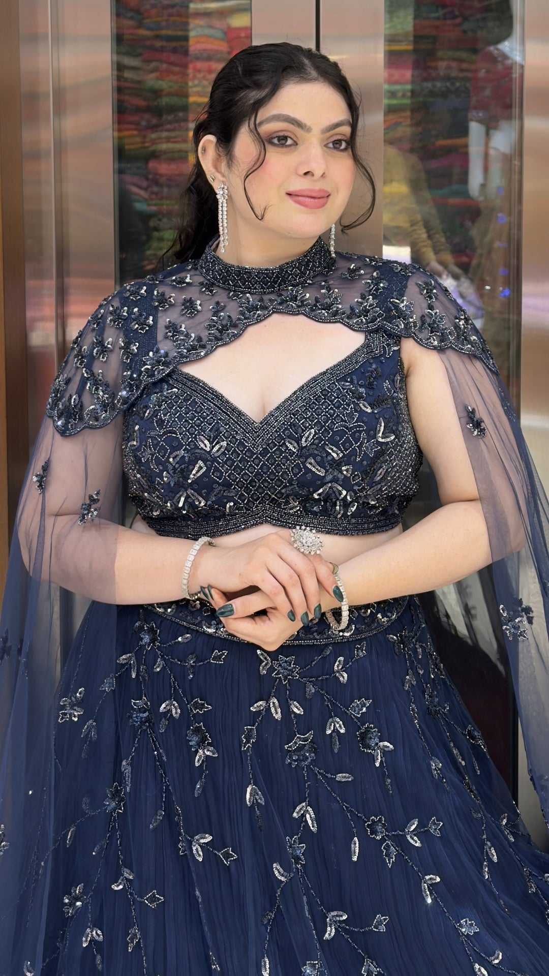Midnight Navy Blue Designer Lehenga Choli with Embroidered Cape Sleeves