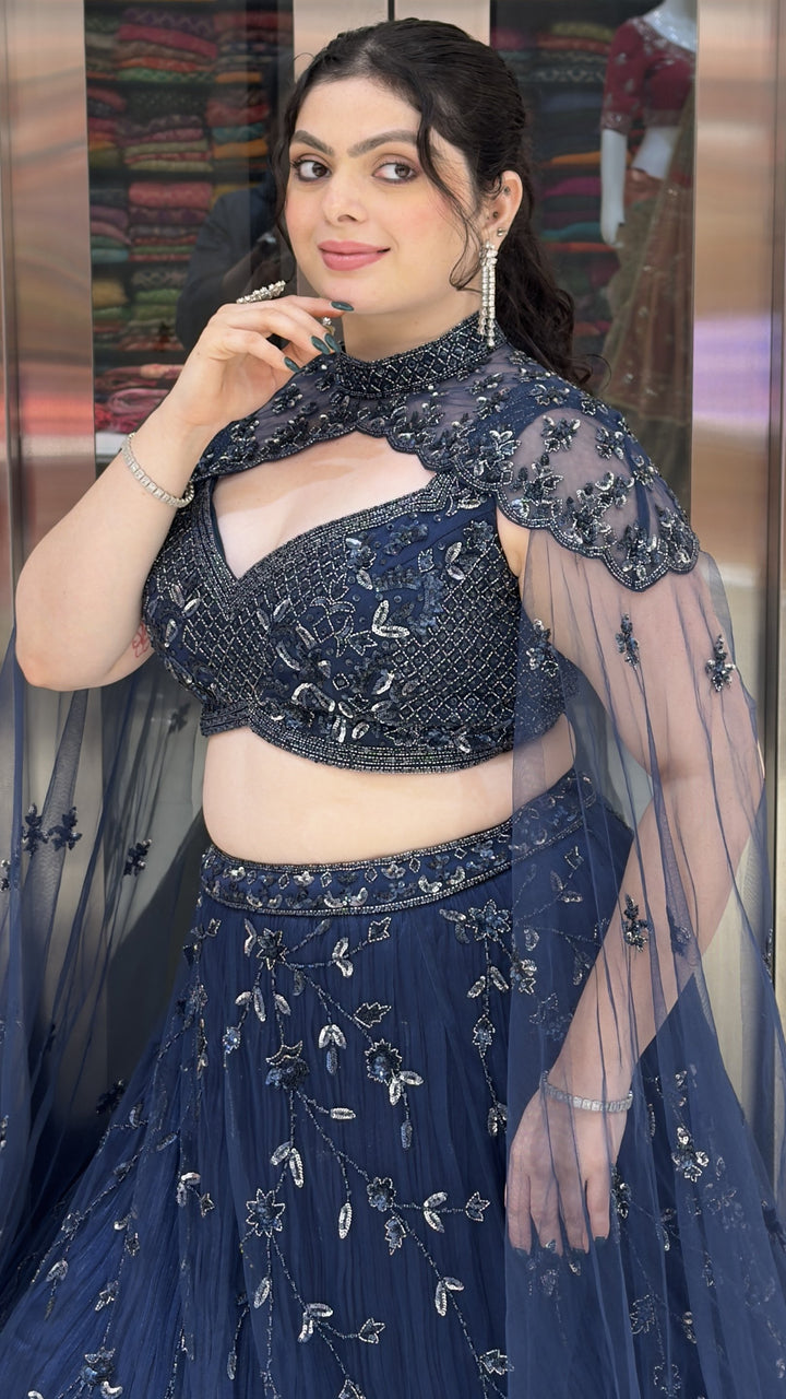 Midnight Navy Blue Designer Lehenga Choli with Embroidered Cape Sleeves