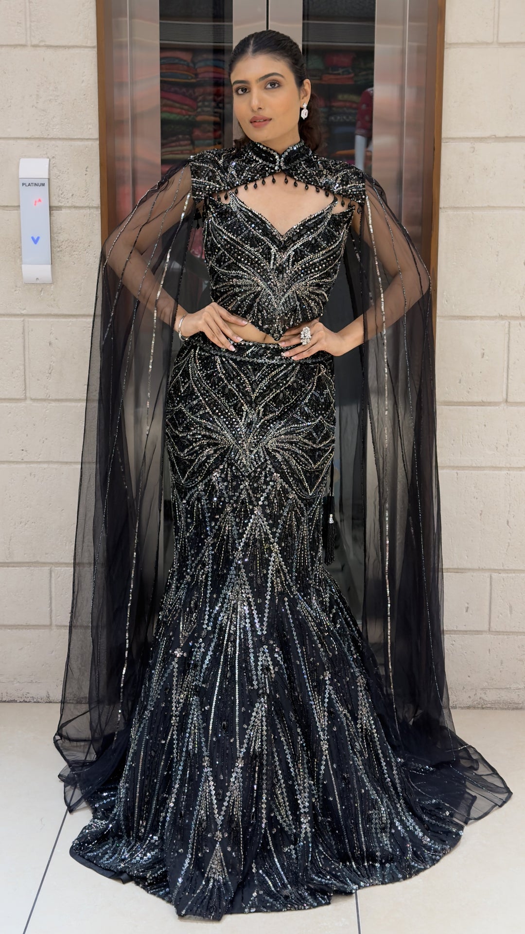 Midnight Black Designer Mermaid Lehenga with Sequin Embroidery & Dramatic Cape