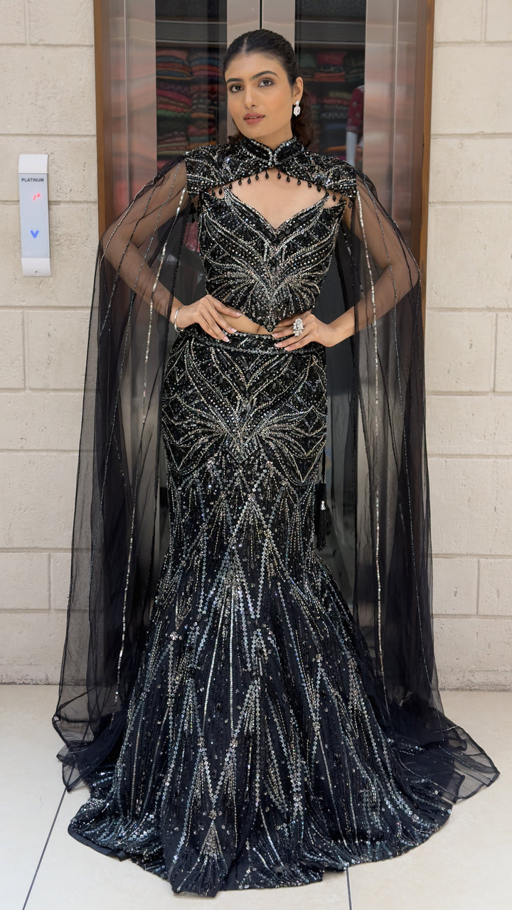 Midnight Black Designer Mermaid Lehenga with Sequin Embroidery & Dramatic Cape