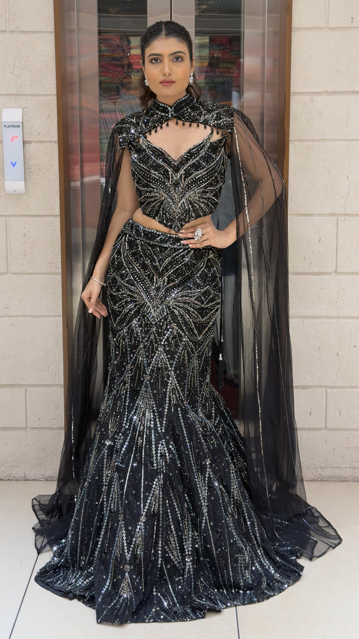 Midnight Black Designer Mermaid Lehenga with Sequin Embroidery & Dramatic Cape