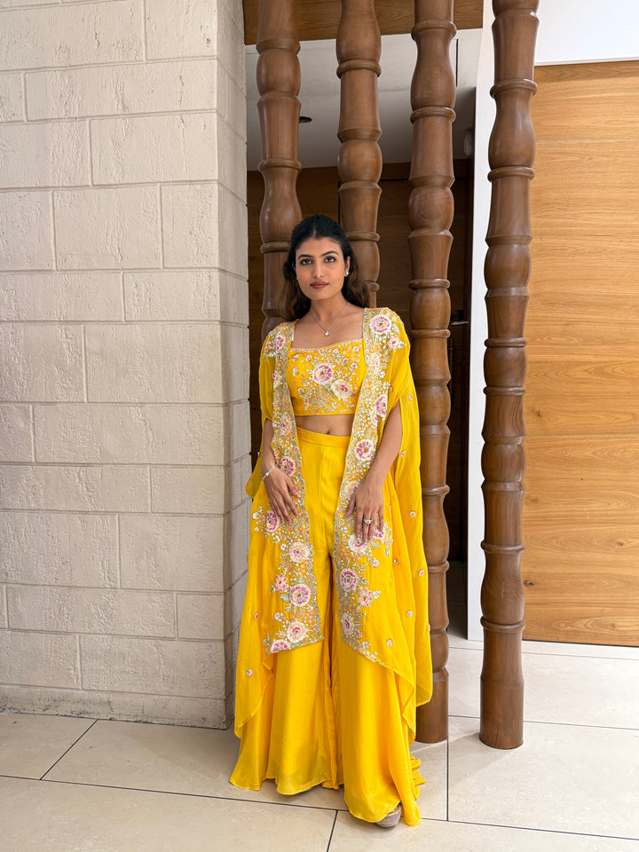 Sunshine Yellow Embroidered Cape Palazzo Set – Indo-Western Festive Ensemble