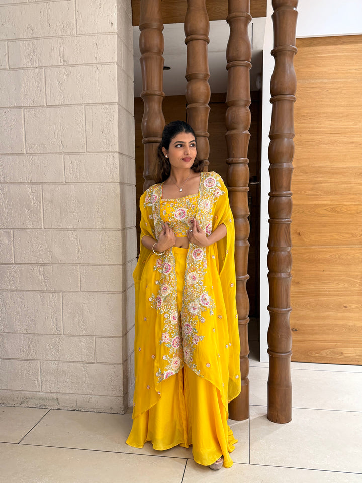 Sunshine Yellow Embroidered Cape Palazzo Set – Indo-Western Festive Ensemble