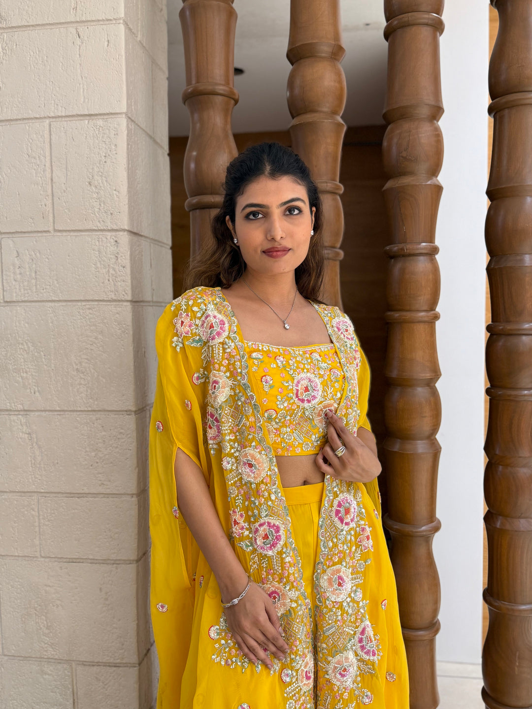 Sunshine Yellow Embroidered Cape Palazzo Set – Indo-Western Festive Ensemble