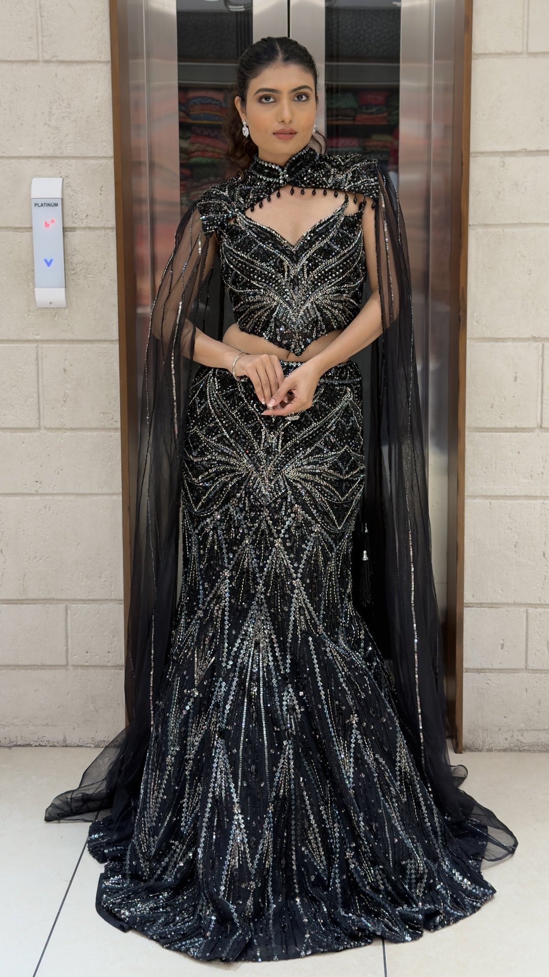 Midnight Black Designer Mermaid Lehenga with Sequin Embroidery & Dramatic Cape