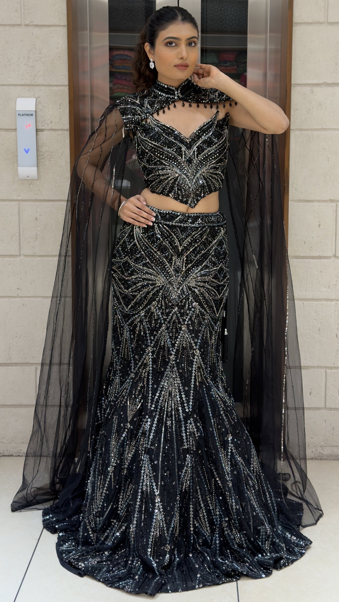 Midnight Black Designer Mermaid Lehenga with Sequin Embroidery & Dramatic Cape