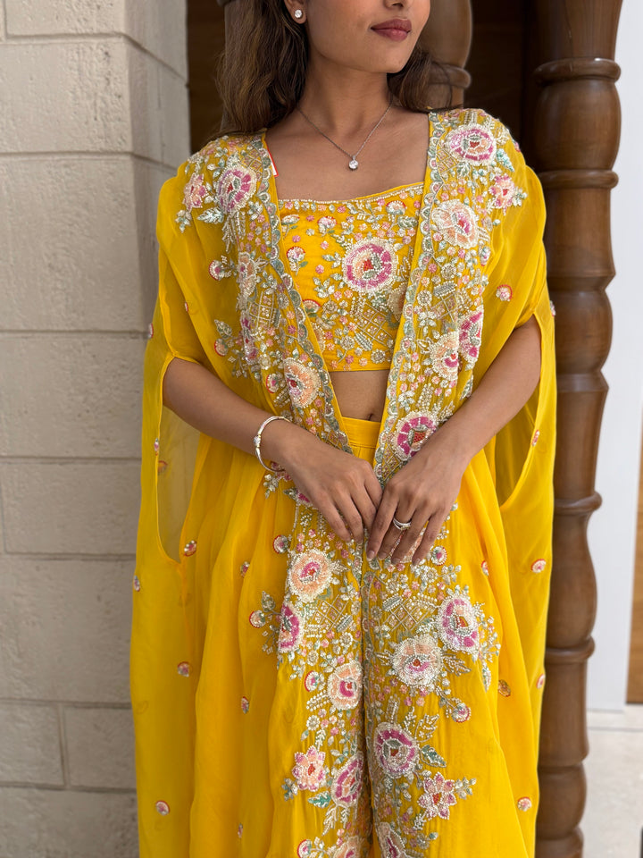 Sunshine Yellow Embroidered Cape Palazzo Set – Indo-Western Festive Ensemble