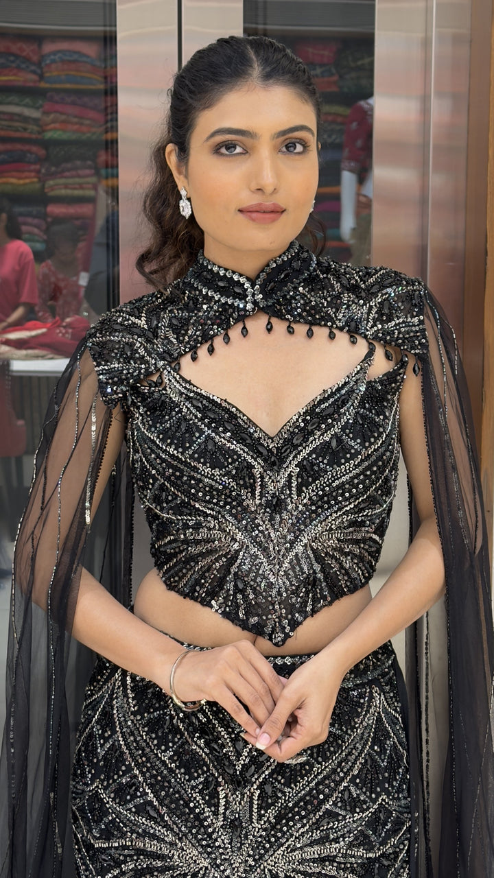 Midnight Black Designer Mermaid Lehenga with Sequin Embroidery & Dramatic Cape