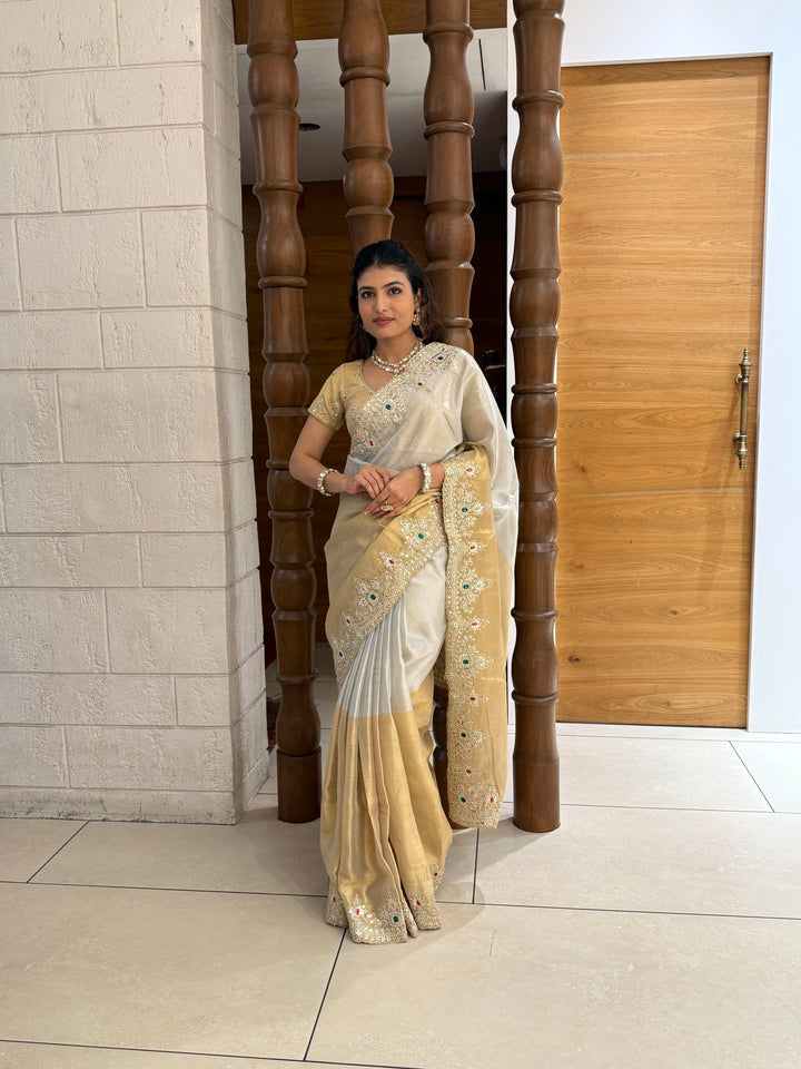 Ivory and Gold Embroidered Silk Saree with Matching Blouse
