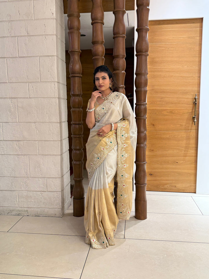 Ivory and Gold Embroidered Silk Saree with Matching Blouse