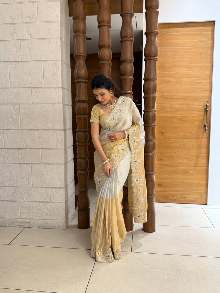 Ivory and Gold Embroidered Silk Saree with Matching Blouse