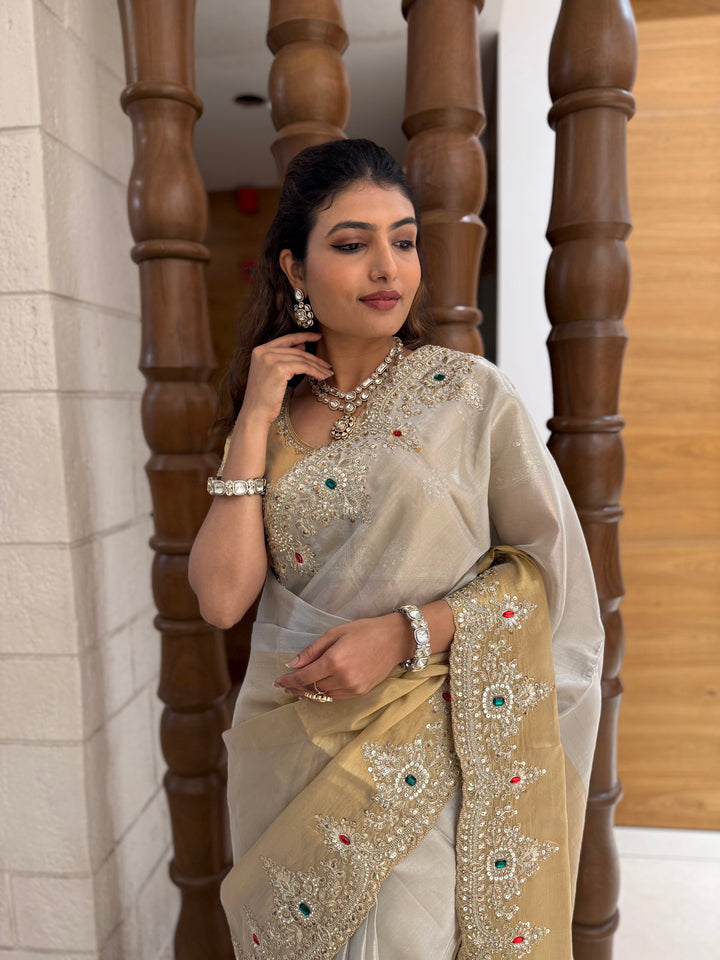 Ivory and Gold Embroidered Silk Saree with Matching Blouse