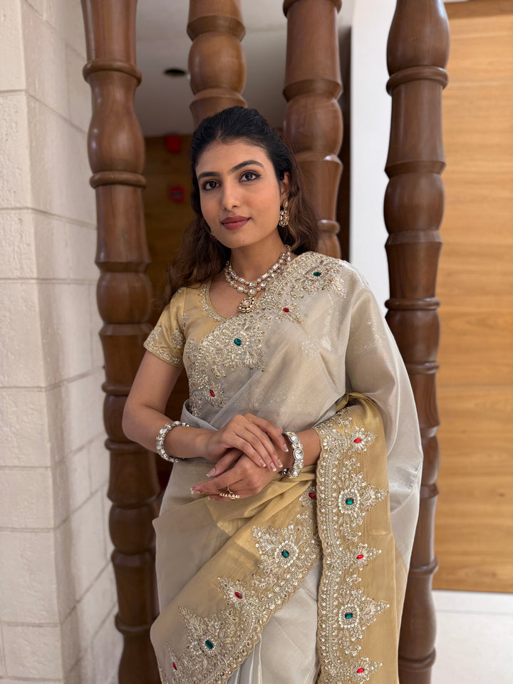 Ivory and Gold Embroidered Silk Saree with Matching Blouse