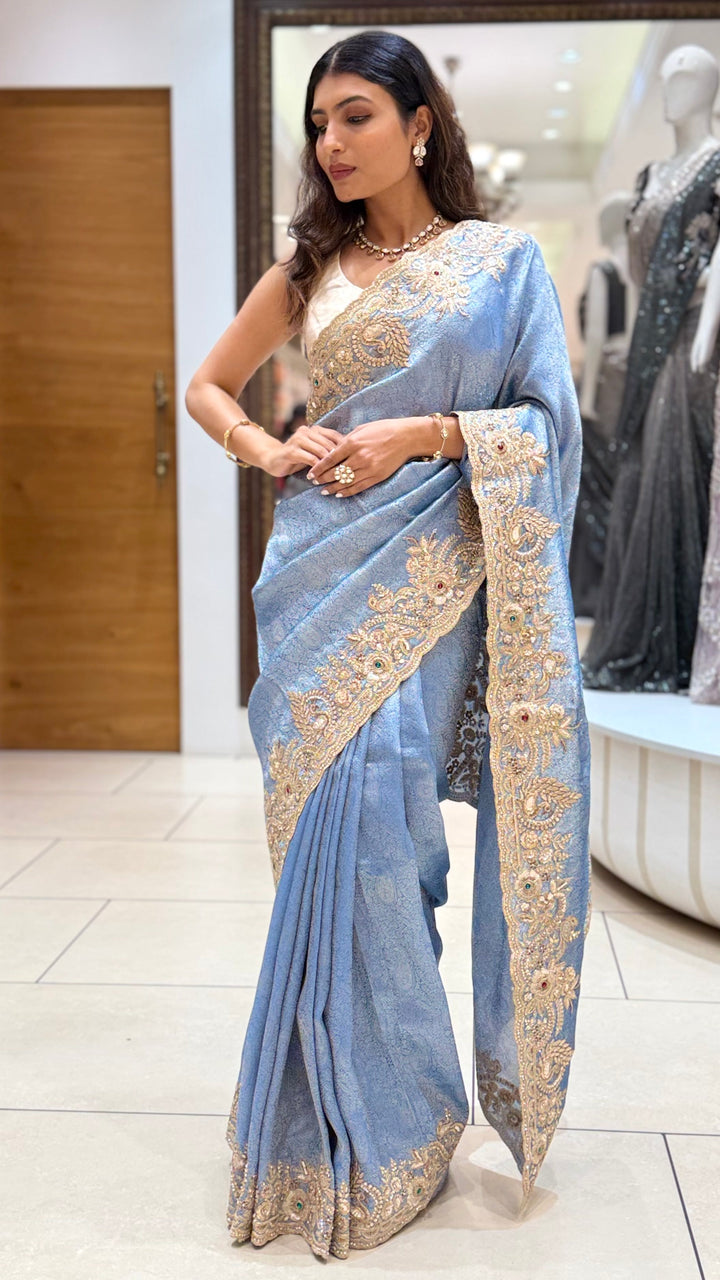 Steel Blue Embroidered Designer Saree with Zari Border Work