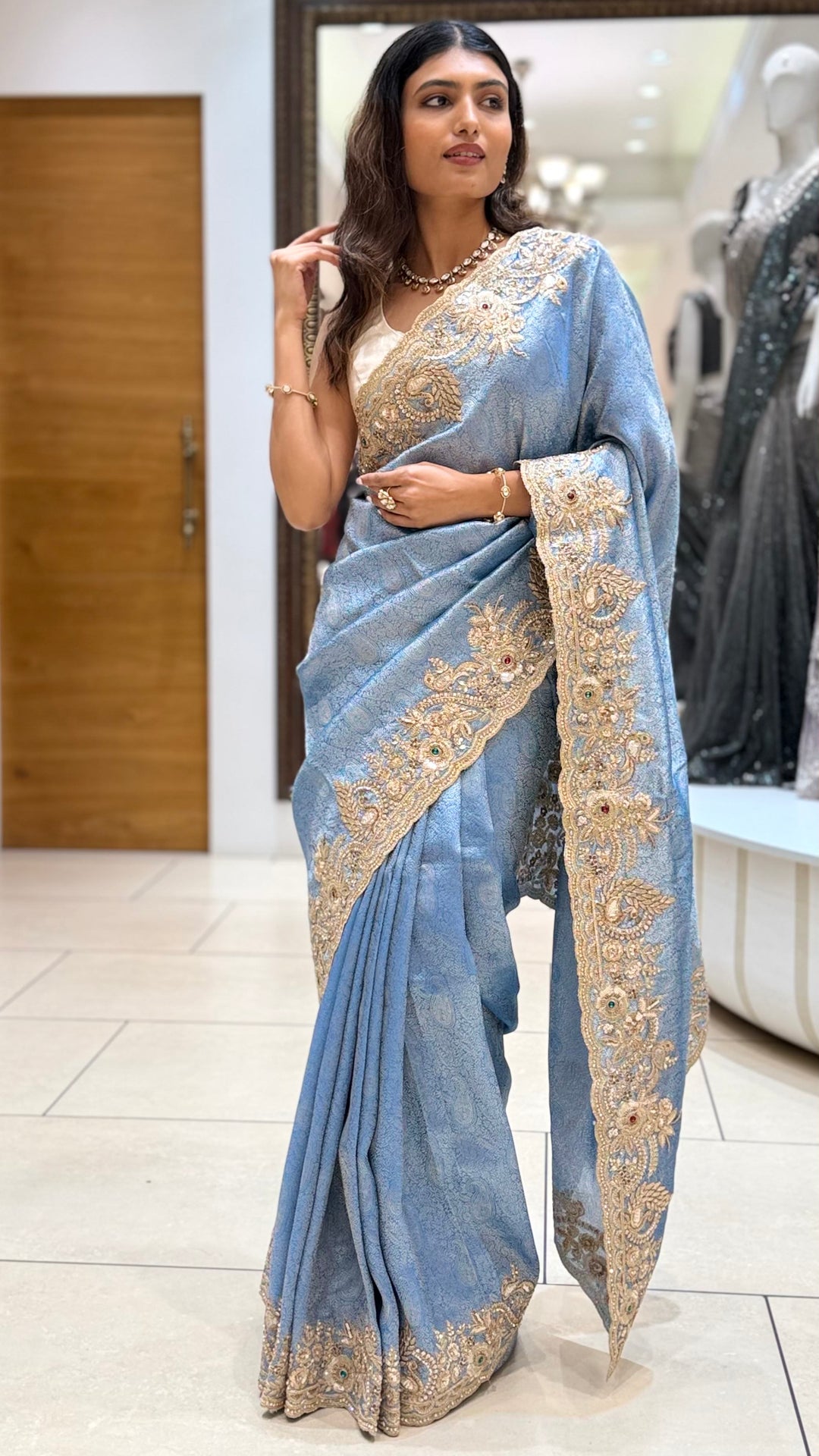 Steel Blue Embroidered Designer Saree with Zari Border Work