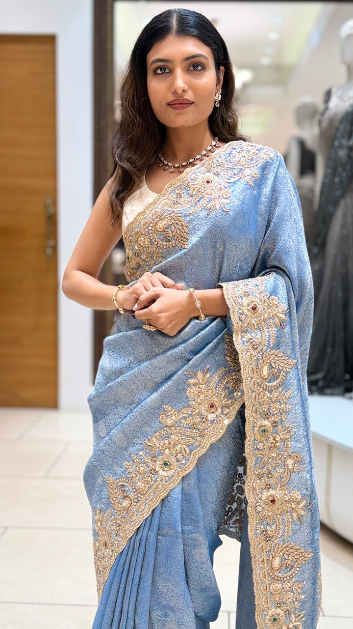 Steel Blue Embroidered Designer Saree with Zari Border Work