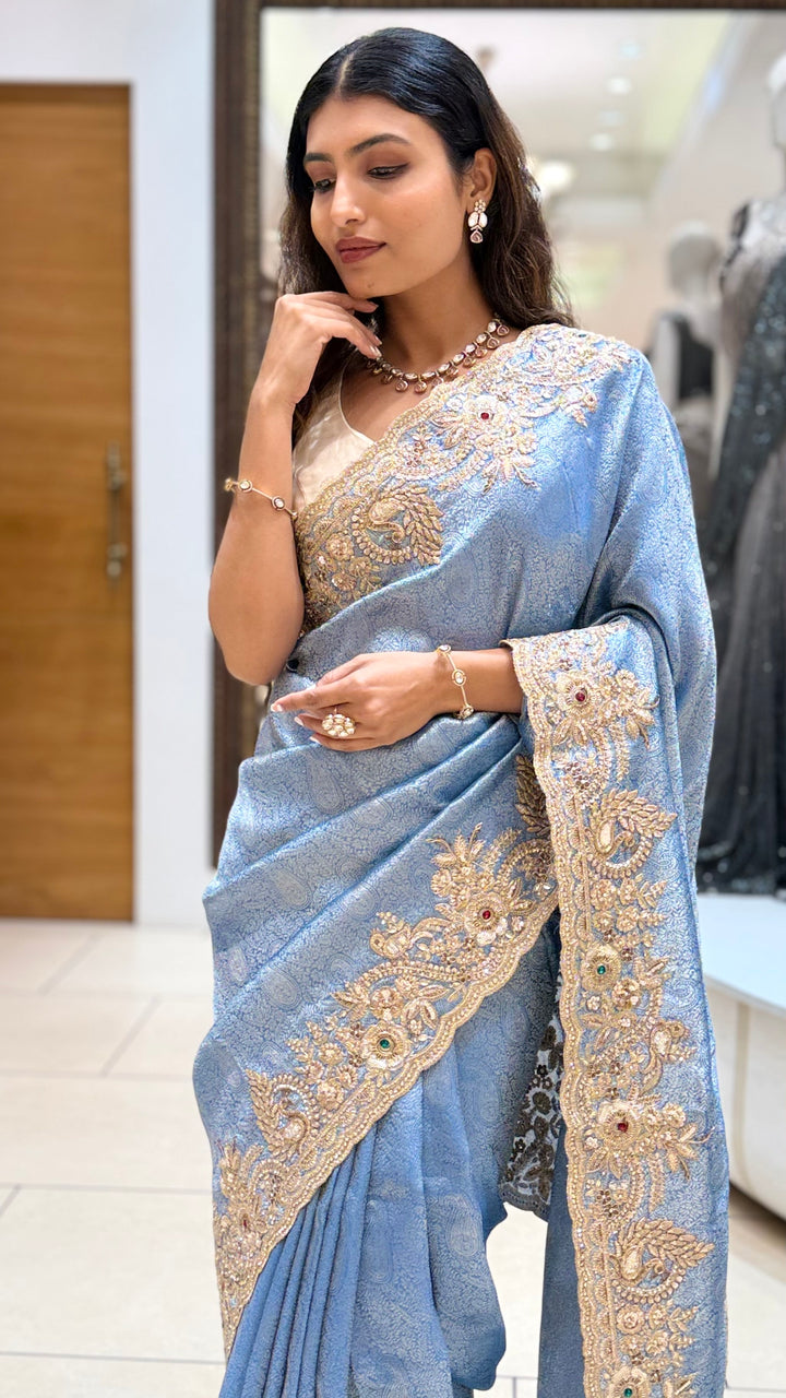 Steel Blue Embroidered Designer Saree with Zari Border Work
