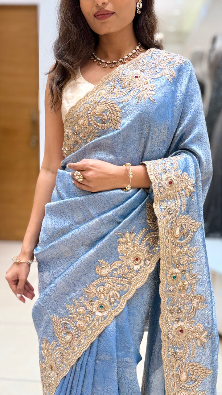 Steel Blue Embroidered Designer Saree with Zari Border Work