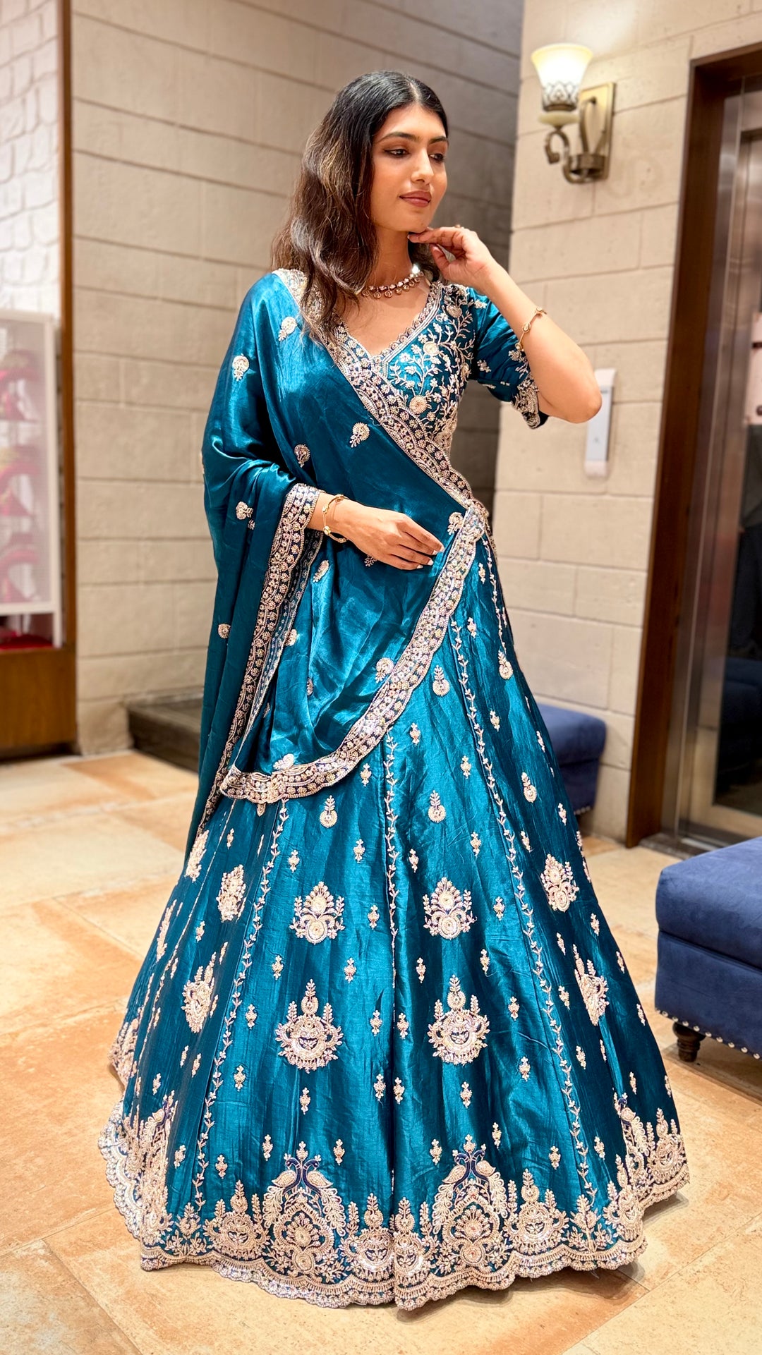Teal Blue Designer Lehenga Saree with Heavy Embroidery & Draped Dupatta