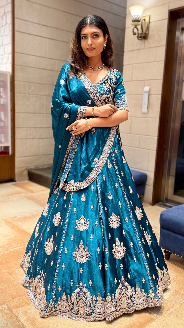 Teal Blue Designer Lehenga Saree with Heavy Embroidery & Draped Dupatta